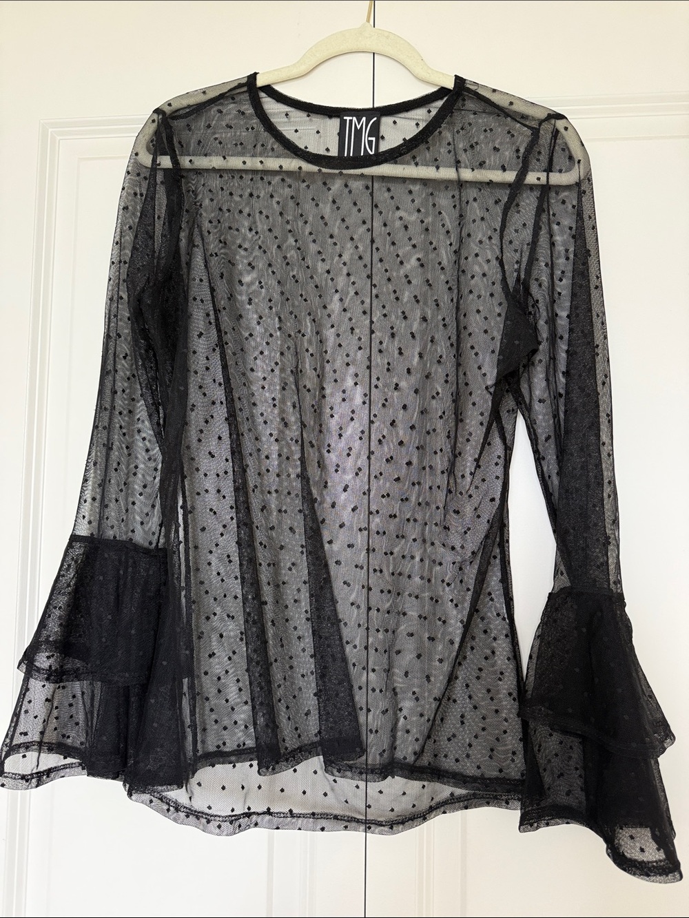 TMG Black Sheer Dot Mesh Bell Sleeve Blouse